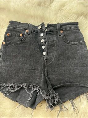 Levi's Black High-Rise “Ribcage”Distressed Button-Fly Denim Shorts Size 24
